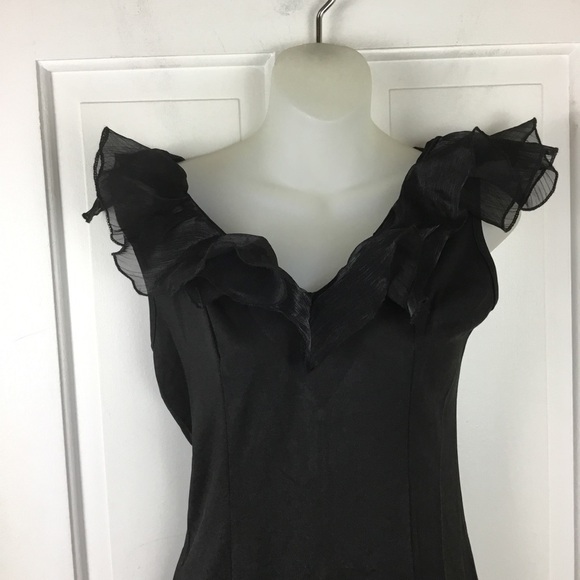 Black Mini Dress | V-Neck with Ruffle - Picture 2 of 6